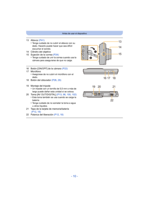 Page 10- 10 -
Antes de usar el dispositivo
13 Altavoz (P41)
•Tenga cuidado de no cubrir el altavoz con su 
dedo. Hacerlo puede hacer que sea difícil 
escuchar el sonido.
14 Cilindro del objetivo
15 Sujeción de la correa  (P24)
•
Tenga cuidado de unir la correa cuando usa la 
cámara para asegurarse de que no caiga.
16 Botón [ON/OFF] de la cámara  (P22)
17 Micrófono •
Asegúrese de no cubrir el micrófono con el 
dedo.
18 Botón del obturador  (P26, 29)
19 Montaje del trípode •
Un trípode con un tornillo de 5,5 mm o...