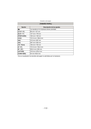 Page 115- 115 -
Conexión a otro equipo
• No se visualizarán los tamaños del papel no admitidos por la impresora.
 [TAMAÑO PAPEL]
OpciónDescripción de los ajustes
{  Los ajustes en la impresora tienen prioridad.
[L/3.5 qk5q] 89 mmk127 mm
[2L/5 qk7q] 127 mmk178 mm
[POSTCARD] 100 mmk148 mm
[16:9] 101,6 mmk180,6 mm
[A4] 210 mmk297 mm
[A3] 297 mmk420 mm
[10 k15cm] 100 mmk150 mm
[4 qk6 q] 101,6 mmk152,4 mm
[8 qk10 q] 203,2 mmk254 mm
[LETTER] 216 mmk279,4 mm
[CARD SIZE] 54 mmk85,6 mm 