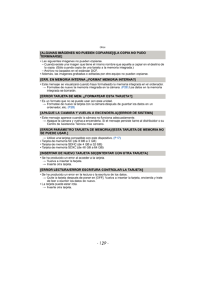 Page 129- 129 -
Otros
[ALGUNAS IMÁGENES NO PUEDEN COPIARSE]/[LA COPIA NO PUDO 
TERMINARSE]
• Las siguientes imágenes no pueden copiarse.– Cuando existe una imagen que tiene el mismo nombre que aquella a copiar en el destino de  la copia. (Sólo cuando copia de una tarjeta a la memoria integrada.)
– Archivo no basados en el estándar DCF.
• Además, las imágenes grabadas o editadas por otro equipo no pueden copiarse.
[ERR. EN MEMORIA INTERNA ¿FORMAT MEMORIA INTERNA?]
• Este mensaje se visualizará cuando haya...