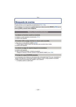 Page 131- 131 -
Otros
Búsqueda de averías
Pruebe primero con el siguiente procedimiento (P131–139).
• La batería no está insertada correctamente.  (P14)
• La batería está agotada.
• ¿Está activo el modo [MODO HIBER.]  (P26)?
> Pulse hasta la mitad el botón del obturador para cancelar estos modos.
• La batería está agotada.
• La batería está agotada.
• Si deja la cámara encendida, la batería se agotará. > Apague la cámara a menudo usando el modo [MODO HIBER.], etc.  (P26)
• ¿La temperatura de la batería es...