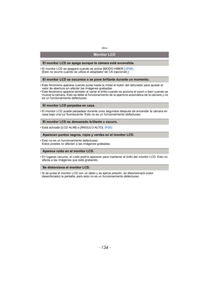 Page 134Otros
- 134 -
• El monitor LCD se apagará cuando se active [MODO HIBER.] (P26).
[Esto no ocurre cuando se utiliza  el adaptador de CA (opcional).]
• Este fenómeno aparece cuando pulsa hasta la mitad el botón del obturador para ajustar el  valor de abertura sin afectar las imágenes grabadas.
• Este fenómeno aparece también al variar el br illo cuando se acciona el zoom o bien cuando se 
mueve la cámara. Esto se debe al funcionamiento de la apertura automática de la cámara y no 
es un funcionamiento...