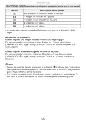 Page 122Conexión a otro equipo
- 122 -
[DISPOSICIÓN PÁG] (Disposiciones para imprimir que pueden ajustarse con esta unidad)
DetalleDescripción de los ajustes
h Los ajustes en la impresora tienen la prioridad
3 1 imagen sin encuadre en 1 página
\b 1 imagen con un encuadre en 1 página
5 2 imágenes en 1 página
6 4 imágenes en 1 página
•  No puede seleccionarse un detalle si la impresora no soporta la disposición de la 
página.
„
„ Impresión de disposición
Cuando imprime una imagen muchas veces en una hoja...