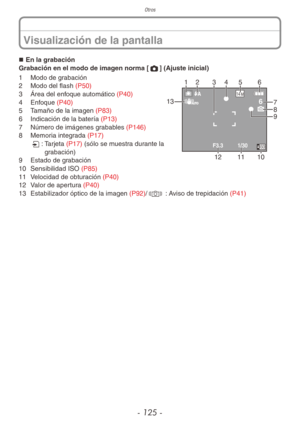Page 125Otros
- 125 -
„
„ En la grabación
Grabación en el modo de imagen norma [1] (Ajuste inicial)
6
14 M
F3.3 1/30
234
11
12 7
85
13
10
9
16
,
1 
Modo de grabación
2  Modo del flash (P50)
3  Área del enfoque automático (P40)
4  Enfoque (P40)
5  Tamaño de la imagen (P83)
6  Indicación de la batería (P13)
7  Número de imágenes grabables (P146)
8  Memoria integrada (P17)
3:  Tarjeta (P17) (sólo se muestra durante la 
grabación)
9  Estado de grabación
10  Sensibilidad ISO (P85)
11  Velocidad de...