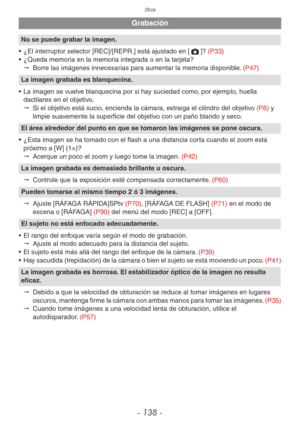 Page 138Otros
- 138 -
Grabación
No se puede grabar la imagen.
•  ¿El interruptor selector [REC]/[REPR.] está ajustado en [1]? (P33)
•  ¿Queda memoria en la memoria integrada o en la tarjeta?
"  Borre las imágenes innecesarias para aumentar la memoria disponible. (P47)
La imagen grabada es blanquecina.
•  La imagen se vuelve blanquecina por si hay suciedad como, por ejemplo, huella 
dactilares en el objetivo.
"  Si el objetivo está sucio, encienda la cámara, extraiga el cilindro del objetivo (P8) y...