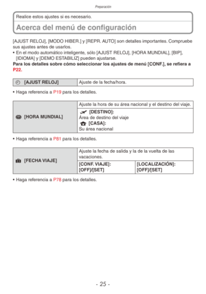 Page 25Preparación
- 25 -
Acerca del menú de configuración
Realice estos ajustes si es necesario.
[AJUST RELOJ], [MODO HIBER.] y [REPR. AUTO] son detalles importantes. Compruebe 
sus ajustes antes de usarlos.
•  En el modo automático inteligente, sólo [AJUST RELOJ], [HORA MUNDIAL], [BIP], 
[IDIOMA] y [DEMO ESTABILIZ] pueden ajustarse.
Para los detalles sobre cómo seleccionar los ajustes de menú [CONF.], se refiera a 
P22.
n  [AJUST RELOJ] Ajuste de la fecha/hora.
•  Haga referencia a P19 para los detalles.
r...