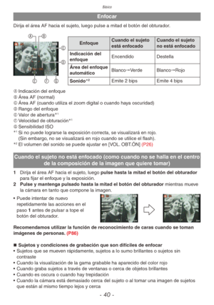 Page 40
Básico
- 40 -
Enfocar
Dirija el área AF hacia el sujeto, luego pulse a mitad el botón del obturador.
AB
C
D
G
F
E
Enfoque Cuando el sujeto 
está enfocado Cuando el sujeto 
no está enfocado
Indicación del 
enfoque Encendido
Destella
Área del enfoque 
automático Blanco"Verde
Blanco"Rojo
Sonido
2Emite 2 bips Emite 4 bips
A	 Indicación del enfoque
B	 Área AF (normal)
C	 Área AF (cuando utiliza el zoom digital o cuando haya oscuridad)
D	 Rango del enfoque
E	 Valor de abertura
1
F	Velocidad de...