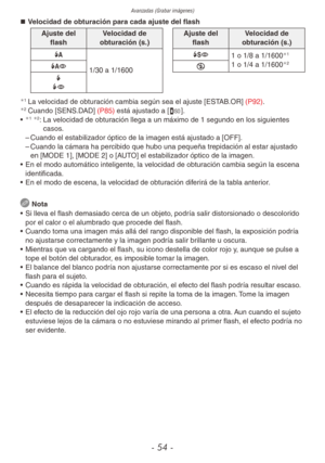 Page 54Avanzadas (Grabar imágenes)
- 54 -
„
„ Velocidad de obturación para cada ajuste del flash
Ajuste del 
flash Velocidad de 
obturación (s.)
\f
1/30 a 1/1600
@
t
`Ajuste del  flash Velocidad de 
obturación (s.)
\b 1 o 1/8 a 1/1600
1
1 o 1/4 a 1/16002o
1 La velocidad de obturación cambia según sea el ajuste [ESTAB.OR] (P92).2 Cuando [SENS.DAD] (P85) está ajustado a [,].
• 1 2:   La velocidad de obturación llega a un máximo de 1 segundo en los siguientes 
casos.
 
– Cuando el estabilizador...