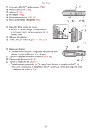 Page 8Antes del uso
- 8 -
10
1213 1415
1110  Interruptor ON/OFF de la cámara (P19)
11  Palanca del zoom (P42)
12  Altavoz (P101)
13  Micrófono (P75)
14  Botón del obturador (P36, 75)
15  Botón automático inteligente (P35)
 
1
2
16
17
18
16 Sujeción de la correa de mano
• Al usar la cámara tenga cuidado de unir 
la correa de mano para asegurarse de no 
hacerla caer.
17  Cilindro del objetivo
18  Toma [AV OUT/DIGITAL] (P114, 117, 123)
1920
2221
19  Base para trípode
• Cuando usa un trípode, asegúrese de que éste...
