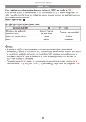 Page 85Avanzadas (Grabar imágenes)
- 85 -
[SENS.DAD]
Para detalles sobre los ajustes de menú del modo [REC], se remite a P22.
Esto permite ajustar la sensibilidad a la luz (sensibilidad ISO). El hecho de ajustar a un 
valor más alto permite tomar las imágenes aun en lugares oscuros sin que las imágenes 
producidas resulten oscuras.
Modos aplicables: 1 
[,]/[80]/[100]/[200]/[400]/[800]/[1600]
Sensibilidad ISO80    1600
Ubicación de grabación 
(recomendada) Cuando hay luz  
(al aire libre) Cuando hay oscuridad...