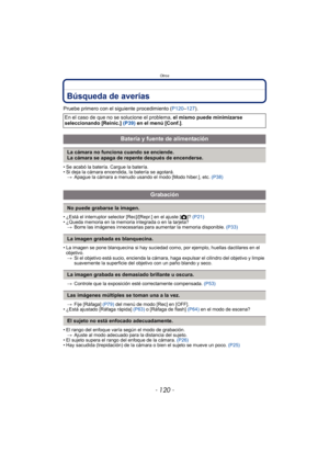 Page 120Otros
- 120 -
Búsqueda de averías
Pruebe primero con el siguiente procedimiento (P120–127).
• Se acabó la batería. Cargue la batería.
• Si deja la cámara encendida, la batería se agotará.
> Apague la cámara a menudo usando el modo [Modo hiber.], etc.  (P38)
• ¿Está el interruptor selector [Rec]/[Repr.] en el ajuste [! ]? (P21)
• ¿Queda memoria en la memoria integrada o en la tarjeta? > Borre las imágenes innecesarias para aumentar la memoria disponible.  (P33)
• La imagen se pone blanquecina si hay...