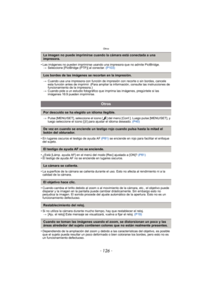 Page 126Otros
- 126 -
• Las imágenes no pueden imprimirse usando una impresora que no admite PictBridge.
> Seleccione [PictBridge (PTP)] al conectar.  (P103)
> Cuando usa una impresora con función de impresión con recorte o sin bordes, cancele 
esta función antes de imprimir. (Para ampliar la información, consulte las instrucciones de 
funcionamiento de la impresora.)
> Cuando pide a un estudio fotográfico que imprima las imágenes, pregúntele si las 
imágenes 16:9 pueden imprimirse.
> Pulse [MENU/SET],...