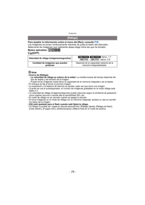 Page 79- 79 -
Grabación
Para ampliar la información sobre el menú del [Rec], consulte P35.
Las imágenes se toman continuamente mientras se pulsa el botón del obturador.
Seleccione las imágenes que realmente desea elegir entre las que ha tomado.
Modos aplicables: 
ñ· ¿
[˜ ]/[OFF]
Nota
• Acerca de [Ráfaga] – La velocidad de ráfaga se reduce de la mitad.  La medida exacta del tiempo depende del 
tipo de tarjeta y del tamaño de la imagen.
– Puede tomar imágenes hasta llenar la capacidad de la memoria integrada o de...