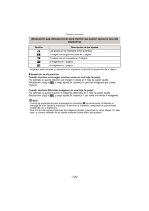 Page 109- 109 -
Conexión a otro equipo
•No puede seleccionarse un elemento si la impresora no admite la disposición de la página.
∫Impresión de disposición
Cuando imprime una imagen muchas veces en una hoja de papel
Por ejemplo, si quiere imprimir una im agen 4 veces en 1 hoja de papel, ajuste 
[Disposición pág.] a [ ä] y luego ajuste [N. copias] a 4 para las imágenes que quiere 
imprimir.
Cuando imprime diferentes imágenes en una hoja de papel
Por ejemplo, si quiere imprimir 4 imágenes diferentes en 1 hoja de...