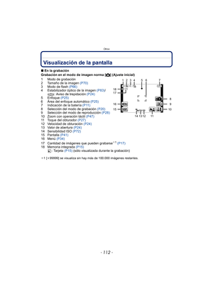 Page 112Otros
- 112 -
OtrosVisualización de la pantalla
∫En la grabación
Grabación en el modo de imagen norma [ !] (Ajuste inicial)
1 Modo de grabación
2 Tamaño de la imagen  (P70)
3 Modo de flash (P66)
4 Estabilizador óptico de la imagen  (P83)/
: Aviso de trepidación  (P24)
5 Enfoque  (P25)
6 Área del enfoque automático  (P25)
7 Indicación de la batería (P11)
8 Selección del modo de grabación  (P20)
9 Selección del modo de reproducción  (P28)
10 Zoom con operación táctil  (P47)
11 Toque del obturador (P27)
12...