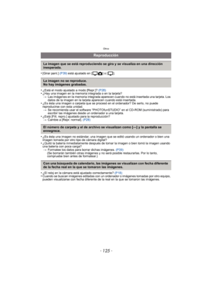 Page 125- 125 -
Otros
•[Girar pant.] (P39) está ajustado en [ ] o [ ].
•¿Está el modo ajustado a modo [Repr.]?  (P28)•¿Hay una imagen en la memoria integrada o en la tarjeta?
> Las imágenes en la memoria integrada aparecen cuando no está insertada una tarjeta. Los 
datos de la imagen en la tarjeta aparecen cuando está insertada.
•¿Es ésta una imagen o carpeta que se procesó en el ordenador? De serlo, no puede 
reproducirse con esta unidad.
> Se recomienda usar el software “PHOTOfunSTUDIO” en el CD-ROM...