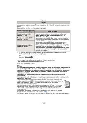 Page 16Preparación
- 16 -
Las siguientes tarjetas que conforman el estándar de vídeo SD se pueden usar con esta 
unidad.
(Estas tarjetas se citan en el texto como  tarjeta.)
¢La clase de velocidad SD es el estándar de velocidad referida a la escritura continua. 
Verifique a través de la etiqueta en la tarjeta, etc.
•Confirme, por favor, la última info rmación en el siguiente sitio Web.http://panasonic.jp/support/global/cs/dsc/(Esta Web sólo está en inglés.)
Nota
•No apague este dispositivo, ni quite su batería...