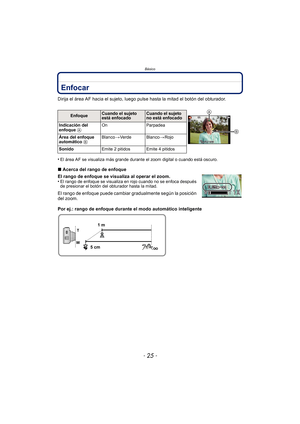 Page 25- 25 -
Básico
Enfocar
Dirija el área AF hacia el sujeto, luego pulse hasta la mitad el botón del obturador.
•
El área AF se visualiza más grande durante el zoom digital o cuando está oscuro.
∫Acerca del rango de enfoque
El rango de enfoque se visualiza al operar el zoom.
•
El rango de enfoque se visualiza en rojo cuando no se enfoca después 
de presionar el botón del obturador hasta la mitad.
El rango de enfoque puede cambiar gradualmente según la posición 
del zoom.
Por ej.: rango de enfoque durante el...