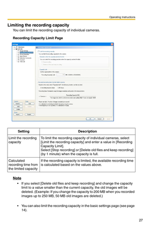 Page 27Operating Instructions
27
Limiting the recording capacity
You can limit the recording capacity of individual cameras.
Recording Capacity Limit Page
Note
 If you select [Delete old files and keep recording] and change the capacity limit to a value smaller than the current capacity, the old images will be 
deleted. (Example: If you change the capacity to 200 MB when you recorded 
images up to 250 MB, 50 MB old images are deleted.)
 You can also limit the recording capa city in the basic settings page...