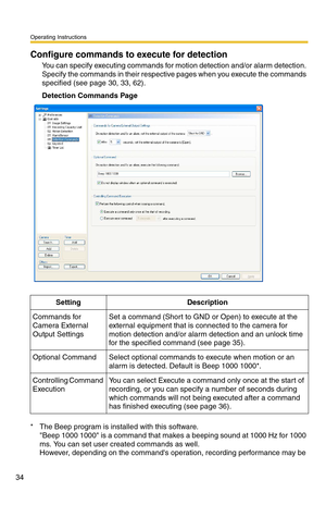 Page 34Operating Instructions
34
Configure commands to execute for detection
You can specify executing commands for motion detection and/or alarm detection. 
Specify the commands in their respecti ve pages when you execute the commands 
specified (see page 
30, 33, 62).
Detection Commands Page
* The Beep program is installed with this software. 
Beep 1000 1000 is a command that make s a beeping sound at 1000 Hz for 1000 
ms. You can set user created commands as well.
 
However, depending on the commands...