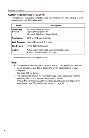 Page 6Operating Instructions
6
System Requirements for your PC
The following technical specifications are recommended for this software to work 
properly with your PC and network.
Note
 The recommended number of cameras that you can register, monitor and 
record simultaneously differs depending  on the specifications of your 
computer.
 
See page 136 for details.
 The approximate size of the recor ded image can be calculated from the 
recording method and the number of days to record.
 
Change the hard disk...