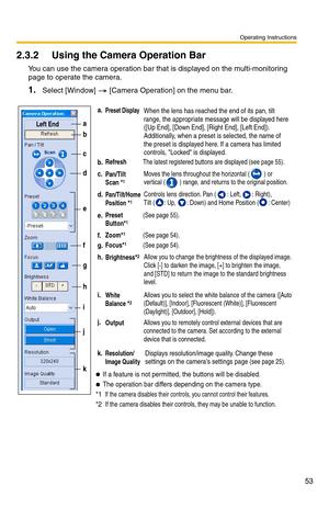 Page 53Operating Instructions
53
2.3.2 Using the Camera Operation Bar
You can use the camera operation bar that is displayed on the multi-monitoring 
page to operate the camera.
1.Select [Window]  [Camera Operation] on the menu bar.
Allows you to remotely control external devices that are 
connected to the camera. Set according to the external 
device that is connected.
c.Pan/Tilt 
Scan *1
a.Preset Display
RefreshThe latest registered buttons are displayed (see page 55). b.
Preset 
Button*1(See page 55).e....