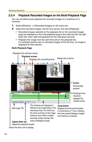 Page 74Operating Instructions
74
2.5.4Playback Recorded Images on the Multi-Playback Page 
You can simultaneously playback the recorded images of a maximum of 4 
cameras. 
1.Select [Window]  [Recorded Images] on the menu bar.
2.Select the recorded images, set the time period, and click [Playback].
 Recorded images selected on the playback list on the recorded images page are displayed on the multi-playback page in the order top left, top right, 
lower left, lower right and playback for the individual cameras....