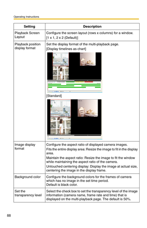 Page 88Operating Instructions
88
SettingDescription
Playback Screen 
LayoutConfigure the screen layout (rows x columns) for a window.
[1 x 1, 2 x 2 (Default)]
Playback position 
display formatSet the display format of the multi-playback page.
[Display timelines as chart]
  
[Standard]
  
Image display 
for matConfigure the aspect ratio of displayed camera images.
Fits the entire display area: Resize  the image to fit in the display 
area.
Maintain the aspect ratio: Resize the image to fit the window 
while...