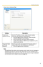 Page 19Operating Instructions
19
Proxy Server Settings Page
Note
Normally when the camera cannot access a proxy server, an error message is 
displayed (see 
page 21), but there are cases when an error message is not 
displayed with a proxy server error. In this case, the camera’s image is displayed 
as a connection error (default is blue; see 
page 83). 
SettingDescription
Proxy Server 
Address and PortEnter the IP address of proxy server and port number.  
Enter them after asking your administrator.
 Enter...