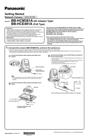 Page 1Getting Started
Network Camera
Model No. BB-HCM381A (AC Adaptor Type)
BB-HCE481A (PoE Type)
Connect the Ethernet cable (customer-provided) to the 
camera.
Note
• These instructions assume your PC is already connected to the Internet and your network includes a router that is UPnP™ (Universal Plug and Play) 
compliant.
Connect the Ethernet cable (customer-provided) to your 
router.
Ethernet (LAN) port
Ethernet cable 
(customer-provided)
To the network
LAN ports WAN port
To the supply
To the camera
A...