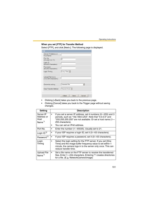 Page 109Operating Instructions
101
When you set [FTP] for Transfer Method
Select [FTP], and click [Next>]. The following page is displayed.
 Clicking [