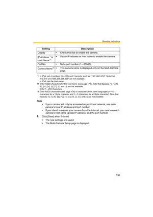 Page 144Operating Instructions
136
Note
 If your camera will only be accessed on your local network, use each 
cameras local IP address and port number.
 If you intend to access your camera from the Internet, you must use each 
cameras host name (global IP address) and the port number.
4.Click [Save] when finished.
 The new settings are saved.
 The Multi-Camera Setup page is displayed.Setting Description
Display  Check this box to enable the camera.
IP Address
*1 or 
Host Name*2
*1 In IPv4, set 4 numbers...
