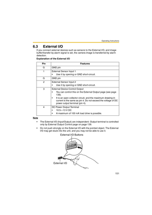 Page 159Operating Instructions
151
6.3 External I/O
If you connect external devices such as sensors to the External I/O, and image 
buffer/transfer by alarm signal is set, the camera image is transferred by alarm 
detection.
Explanation of the External I/O
Note
 The External I/O (Input/Output) are independent. Output terminal is controlled 
only by External Output Control page on page 139.
 Do not push strongly on the External I/O with the pointed object. The External 
I/O may get stuck into the unit, and you...