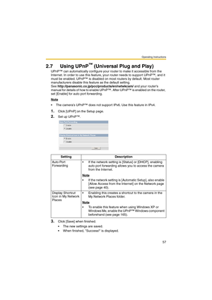 Page 65Operating Instructions
57
2.7 Using UPnP™ (Universal Plug and Play)
UPnP™ can automatically configure your router to make it accessible from the 
Internet. In order to use this feature, your router needs to support UPnP™, and it 
must be enabled. UPnP™ is disabled on most routers by default. Most router 
manufacturers disable this feature as the default setting. 
See http://panasonic.co.jp/pcc/products/en/netwkcam/ and your routers 
manual for details of how to enable UPnP™. After UPnP™ is enabled on the...