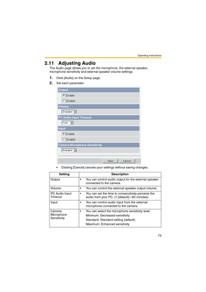 Page 81Operating Instructions
73
2.11 Adjusting Audio
The Audio page allows you to set the microphone, the external speaker, 
microphone sensitivity and external speaker volume settings.
1.Click [Audio] on the Setup page.
2.Set each parameter.
 Clicking [Cancel] cancels your settings without saving changes.
Setting Description
Output  You can control audio output for the external speaker 
connected to the camera.
Volume  You can control the external speaker output volume.
PC Audio Input 
Timeout  You can...