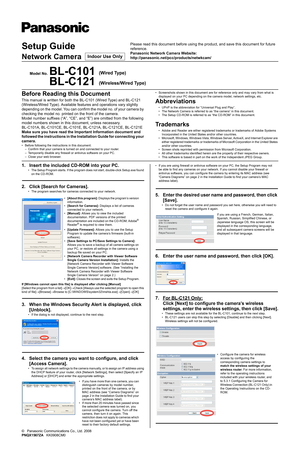 Page 11. Insert the included CD-ROM into your PC.
• The Setup Program starts. If the program does not start, double-click Setup.exe found 
on the CD-ROM.
2. Click [Search for Cameras].
• The program searches for cameras connected to your network.
If [Windows cannot open this file] is displayed after clicking [Manual]
[Select the program from a list]→[OK]→Check [Always use the selected program to open this 
kind of file]→[Browse]→Browse to [C:\WINDOWS\system32\mshta.exe]→[Open]→[OK]
3. When the Windows Security...