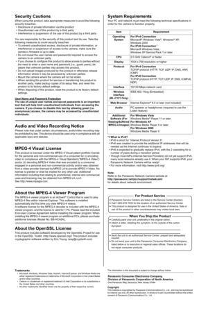 Page 2Security Cautions
When using this product, take appropriate measures to avoid the following 
security breaches.
• Disclosure of private information via this product
• Unauthorized use of this product by a third party
• Interference or suspension of the use of this product by a third party
You are responsible for the security of this product and its use. Take the 
following measures to avoid security breaches.
• To prevent unauthorized access, disclosure of private information, or 
interference or...