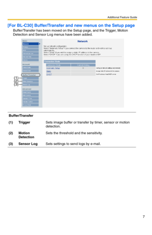 Page 7Additional Feature Guide
7
[For BL-C30] Buffer/Transfer and new menus on the Setup page
Buffer/Transfer has been moved on the Setup page, and the Trigger, Motion 
Detection and Sensor Log menus have been added.
Buffer/Transfer
(1)Tr i g g e rSets image buffer or transfer by timer, sensor or motion 
detection.
(2)Motion 
DetectionSets the threshold and the sensitivity.
(3)Sensor LogSets settings to send logs by e-mail.
(1)
(3)(2) 