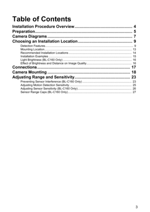 Page 33
Table of Contents
Installation Procedure Overview ...................................................  4
Preparation......................................................................................  5
Camera Diagrams ...........................................................................  7
Choosing an Installation Location ................................................  9
Detection...