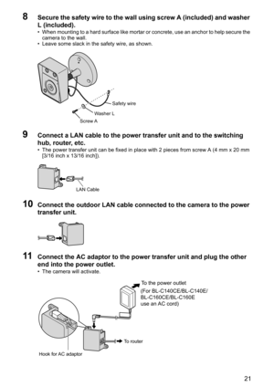 Page 2121
8Secure the safety wire to the wall using screw A (included) and washer 
L (included).
• When mounting to a hard surface like mortar or concrete, use an anchor to help secure the 
camera to the wall.
• Leave some slack in the safety wire, as shown.
9Connect a LAN cable to the power transfer unit and to the switching 
hub, router, etc.
• The power transfer unit can be fixed in place with 2 pieces from screw A (4 mm x 20 mm 
[3/16 inch x 13/16 inch]).
10Connect the outdoor LAN cable connected to the...