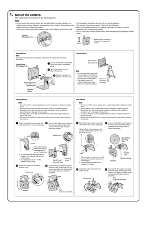 Page 169Stand/Tripod
Mounting HoleMounting 
Screw
Position Lock
4.Mount the camera.
The camera can be mounted in the following ways.
•Do not mount the camera where the sun light directly hits the camera or \
in 
outdoor-type housing without a temperature control system. The camera ma\
y 
malfunction due to high temperature.
When you mount the camera, always hook the AC adaptor cord to the hook.
Note
Hook for 
AC adaptor cord
This product is for indoor use only. Do not use it outdoors.
The camera may become...