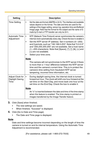 Page 51Operating Instructions
[For assistance, please call: 1-800-272-7033] 49
3.Click [Save] when finished.
 The new settings are saved.
 When finished, Success! is displayed.
4.Click [Go to Date and Time page].
 The Date and Time page is displayed.
Note
Date and time settings become incorrect depending on the length of time the 
camera is turned on and its internal temperature. Using the Automatic Time 
Adjustment is recommended.
SettingDescription
Time Setting Set the date and format (AM/PM or 24 H). The...