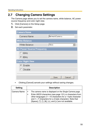 Page 52Operating Instructions
50
2.7 Changing Camera Settings
The Camera page allows you to set the camera name, white balance, AC power 
source frequency and color night view.
1.Click [Camera] on the Setup page.
2.Set each parameter.
 Clicking [Cancel] cancels your settings without saving changes.
SettingDescription
Camera Name The camera name is displayed on the Single Camera page.
 Enter ASCII characters (see page 131) or characters from 
other languages (1—15 characters for a 1-byte character 
and 1—7...