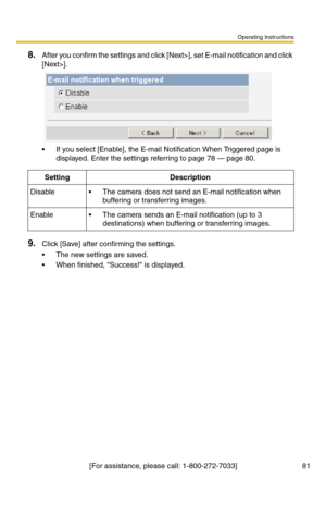 Page 83Operating Instructions
[For assistance, please call: 1-800-272-7033] 81
8.After you confirm the settings and click [Next>], set E-mail notification and click 
[Next>].
 If you select [Enable], the E-mail Notification When Triggered page is 
displayed. Enter the settings referring to page 
78 — page 80.
9.Click [Save] after confirming the settings.
 The new settings are saved.
 When finished, Success! is displayed.
SettingDescription
Disable The camera does not send an E-mail notification when...