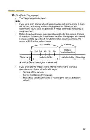 Page 84Operating Instructions
82
10.Click [Go to Trigger page].
 The Trigger page is displayed.
Note 
 If you set a short interval when transferring to a cell phone, many E-mails 
will be sent, which may lead to a large phone bill. Therefore, we 
recommend you to set a long interval. 1 image per minute frequency is 
recommended.
 Motion Detection transfer stops operating until after the camera finishes 
all transfers. For example, if the camera transfers 3 images per minute and 
6 images in total by setting...