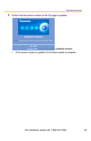 Page 119Operating Instructions
83[For assistance, please call: 1-800-272-7033]
7.Confirm that the version number on the Top page is updated.
 If the version number is updated, the firmware update is complete.
Updated version 