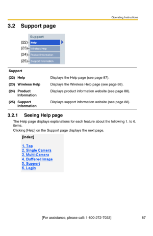 Page 123Operating Instructions
87[For assistance, please call: 1-800-272-7033]
3.2 Support page
3.2.1 Seeing Help page
The Help page displays explanations for each feature about the following 1. to 6. 
items.
Clicking [Help] on the Support page displays the next page. Support
(22) HelpDisplays the Help page (see page 87).
(23) Wireless HelpDisplays the Wireless Help page (see page 88).
(24) Product 
InformationDisplays product information website (see page 88).
(25) Support 
InformationDisplays support...