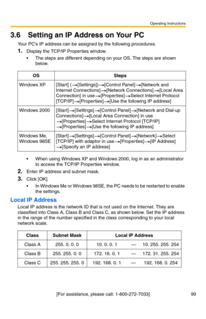 Page 135Operating Instructions
99[For assistance, please call: 1-800-272-7033]
3.6 Setting an IP Address on Your PC
Your PCs IP address can be assigned by the following procedures.
1.Display the TCP/IP Properties window.
 The steps are different depending on your OS. The steps are shown 
below.
 When using Windows XP and Windows 2000, log in as an administrator 
to access the TCP/IP Properties window.
2.Enter IP address and subnet mask.
3.Click [OK].
 In Windows Me or Windows 98SE, the PC needs to be...