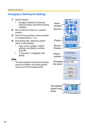 Page 56Operating Instructions
20
Changing or Deleting the Settings
1.
Click [Program].
 [Program] switches to [Cancel]. 
Click [Cancel] to quit without saving 
changes.
2.Pan and tilt the camera to a desired 
position.
3.Click the home position, sensor position 
or a preset button (1—8).
4.Click [Save] after setting the preset 
name or click [Delete].
 If you quit to change or delete 
settings, click [Back], and then 
[Cancel].
 If Success! is displayed, click 
[Back].
Note
The home position or the sensor...