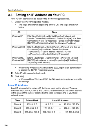 Page 106Operating Instructions
106
3.6 Setting an IP Address on Your PC
Your PCs IP address can be assigned by the following procedures.
1.Display the TCP/IP Properties window.
 The steps are different depending on your OS. The steps are shown 
below.
 When using Windows XP and Windows 2000, log in as an administrator 
to access the TCP/IP Properties window.
2.Enter IP address and subnet mask.
3.Click [OK].
 In Windows Me or Windows 98SE, the PC needs to be restarted to enable 
the settings.
Local IP Address...