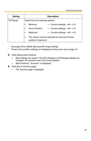 Page 47Operating Instructions
47
3.Click [Save] when finished.
 New settings are saved. If the [Pan Range] or [Tilt Range] settings are 
changed, the camera turns to the home position.
 When finished, Success! is displayed.
4.Click [Go to Camera page].
 The Camera page is displayed.
Tilt Range*1Select from the following options.
 Minimum—Current settings, –40—+10
 Home Position*2—Current settings, –40—+10
Maximum—Current settings, –40—+10
 The values must be selected as minimumhome 
positionmaximum....